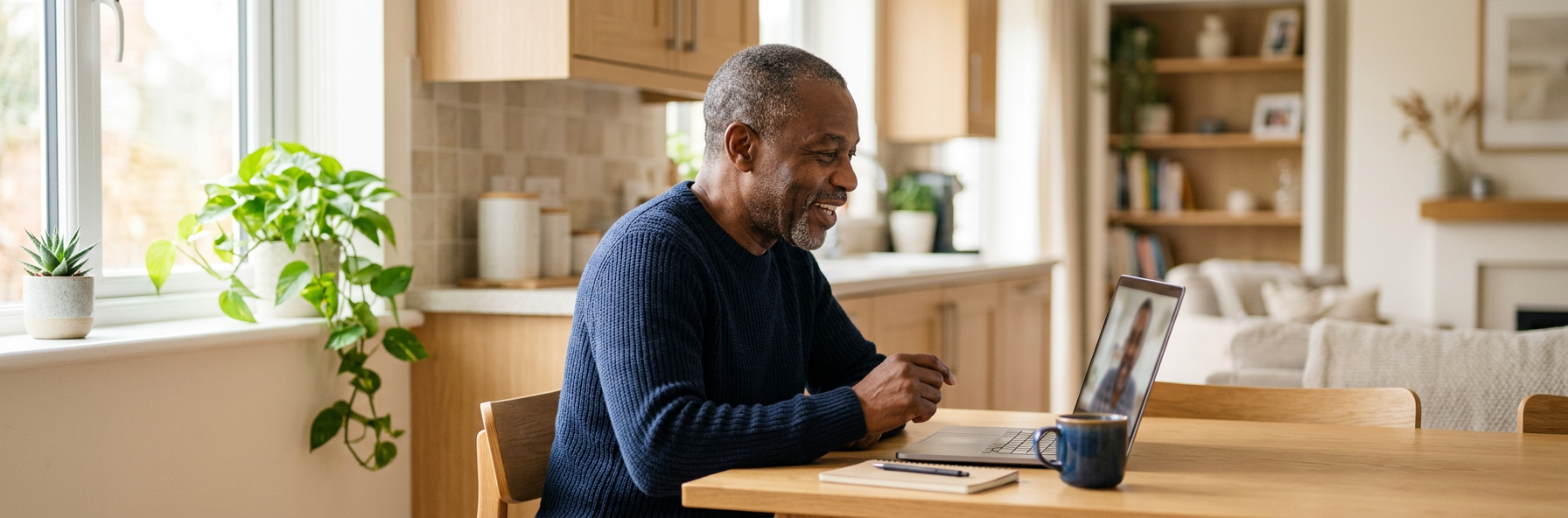 Older man smiling during a telehealth speech therapy session with laptop
