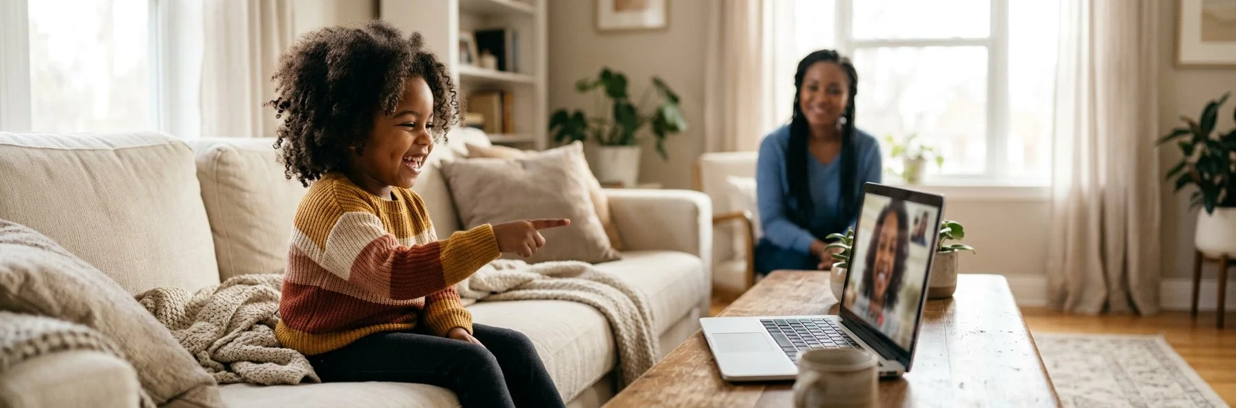 Young girl laughing and pointing at the laptop screen during a telehealth speech therapy session while her mother sits nearby