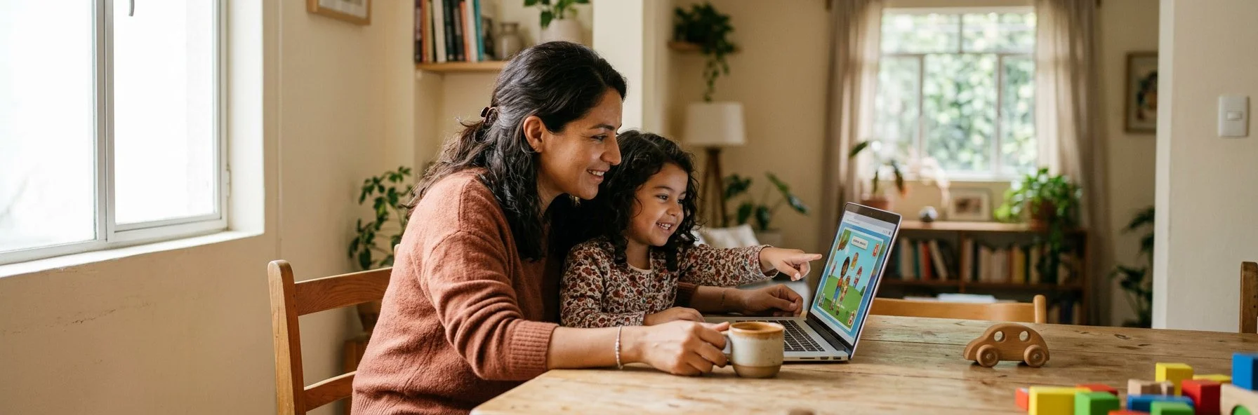 Mother sitting with her daughter during a telehealth speech therapy session, both looking at the laptop screen together