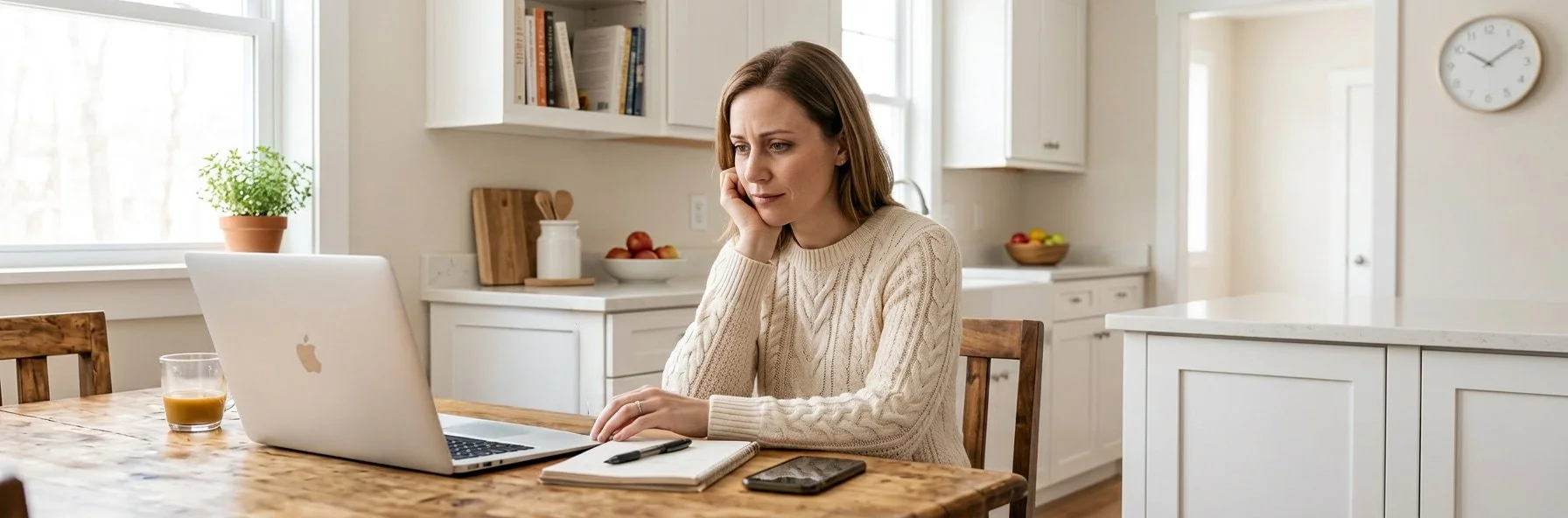 Concerned mother researching speech delay information on her laptop at home