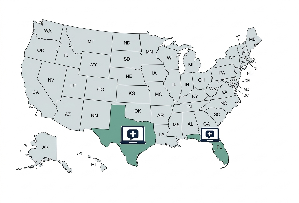 A map of the United States highlighting Texas and Florida in green, with icons of a laptop with a medical cross on it, indicating healthcare or telemedicine presence.