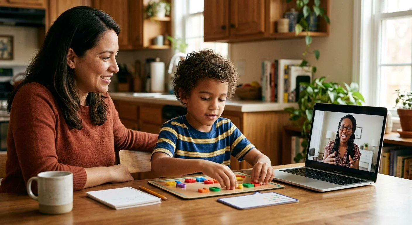 hild arranging letter tiles during a telehealth literacy therapy session as a parent watches nearby