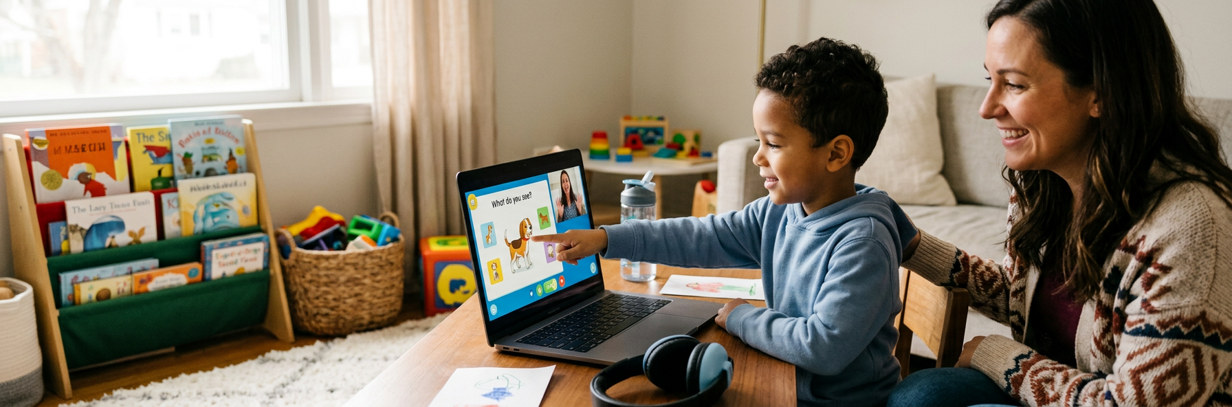 Houston child with autism in an online speech therapy session with a parent at home