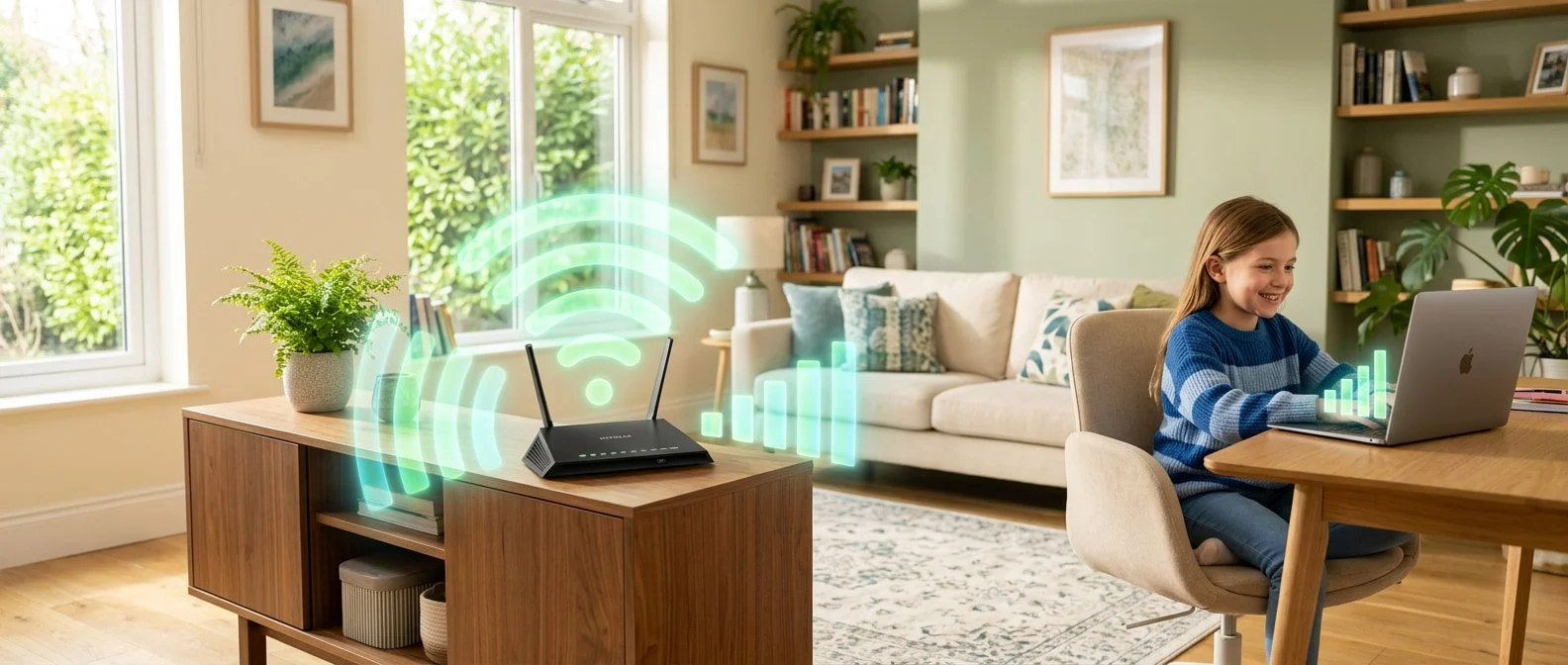 Child at laptop with WiFi router showing strong signal strength indicating good internet connection for telehealth