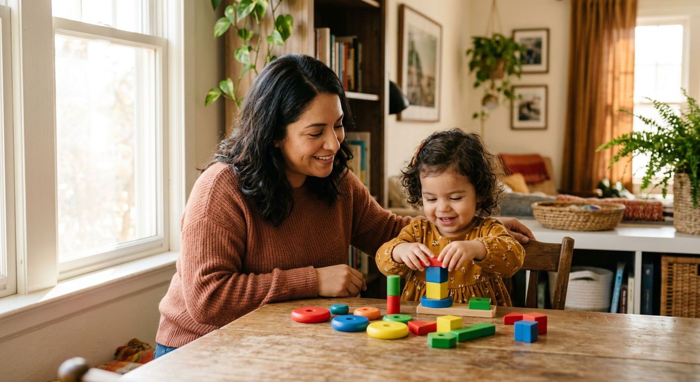 Pediatric speech therapy activity with child and caregiver during online session