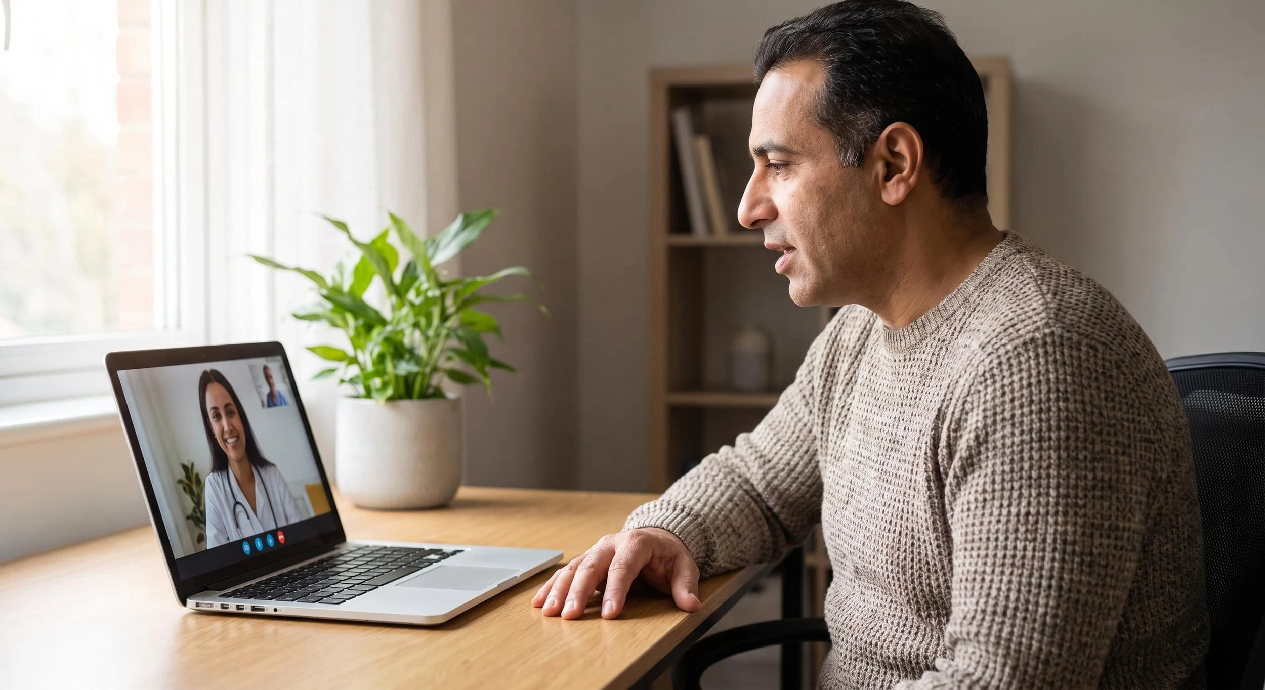 Adult patient consulting with speech therapist via telehealth video call