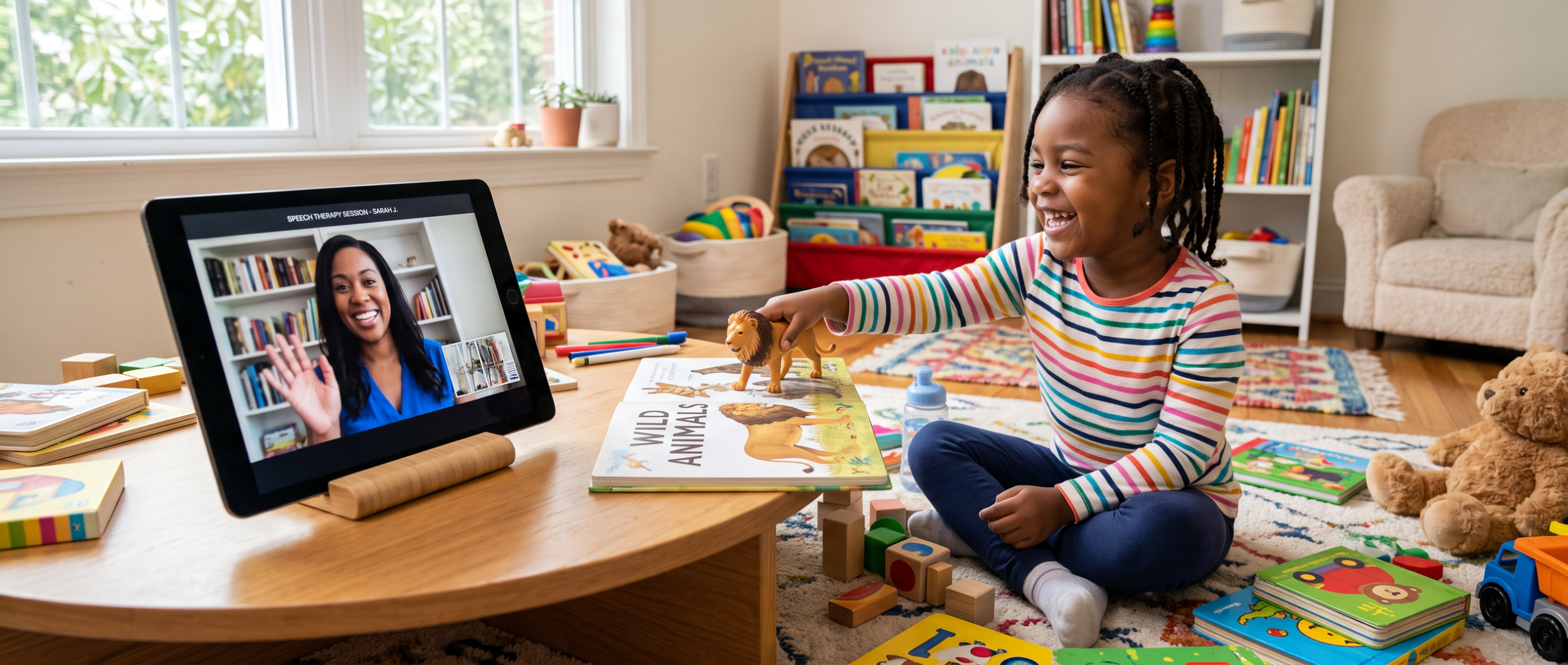 Child participating in play-based telehealth speech therapy session on tablet