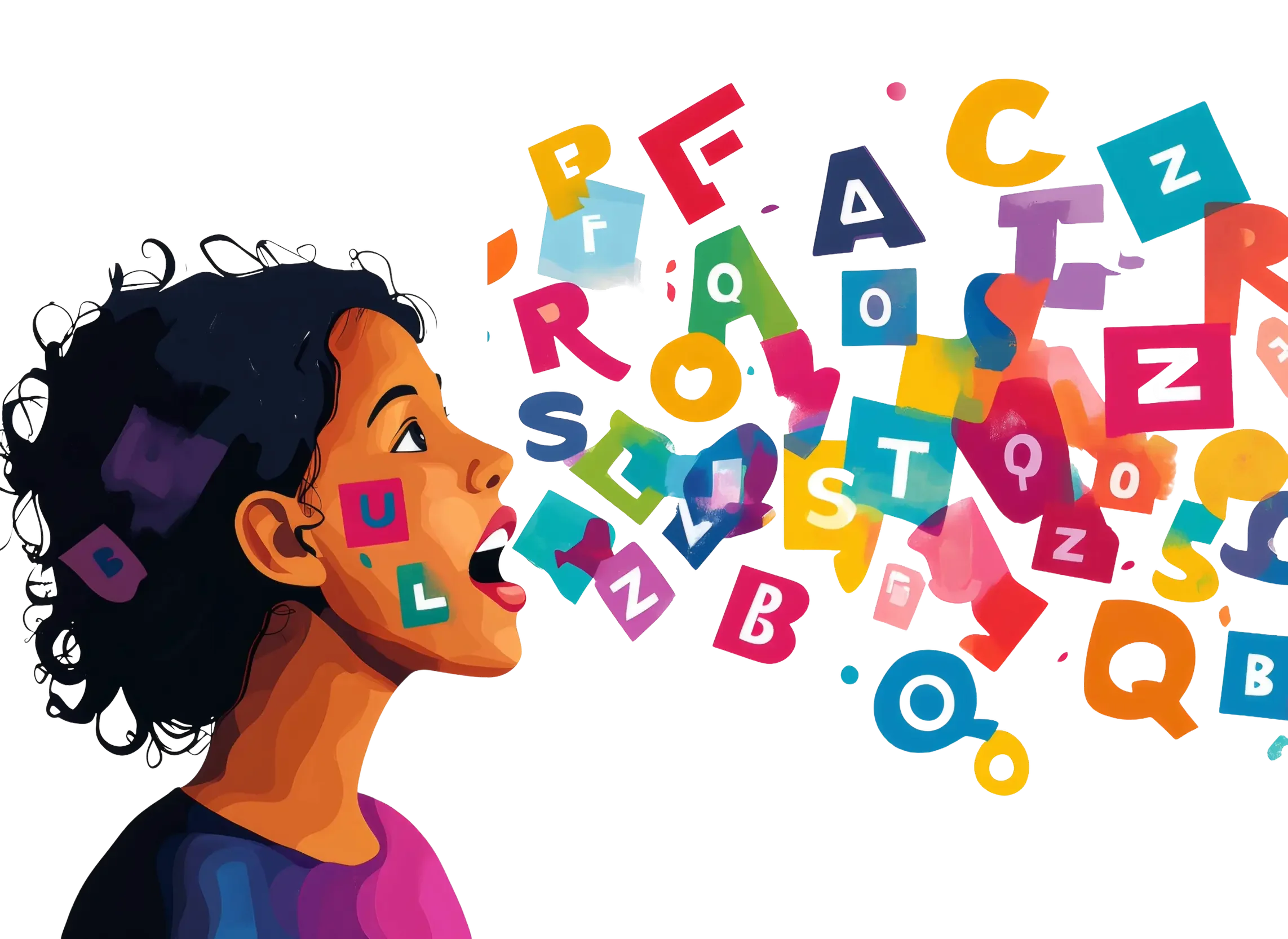Illustration of a child speaking as colorful letters flow from their mouth, representing speech and language