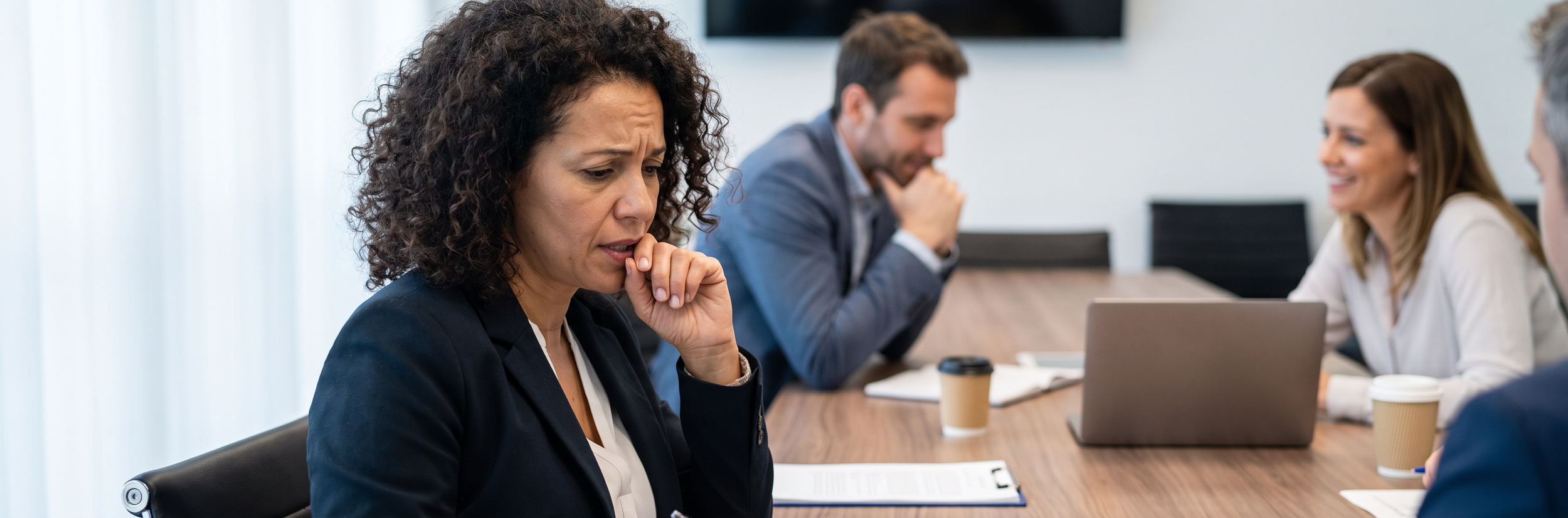 Professional woman experiencing communication anxiety or fluency challenges during high-stakes workplace meeting