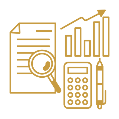 A magnifying glass inspecting a document with graphs, a pen, and a calculator
