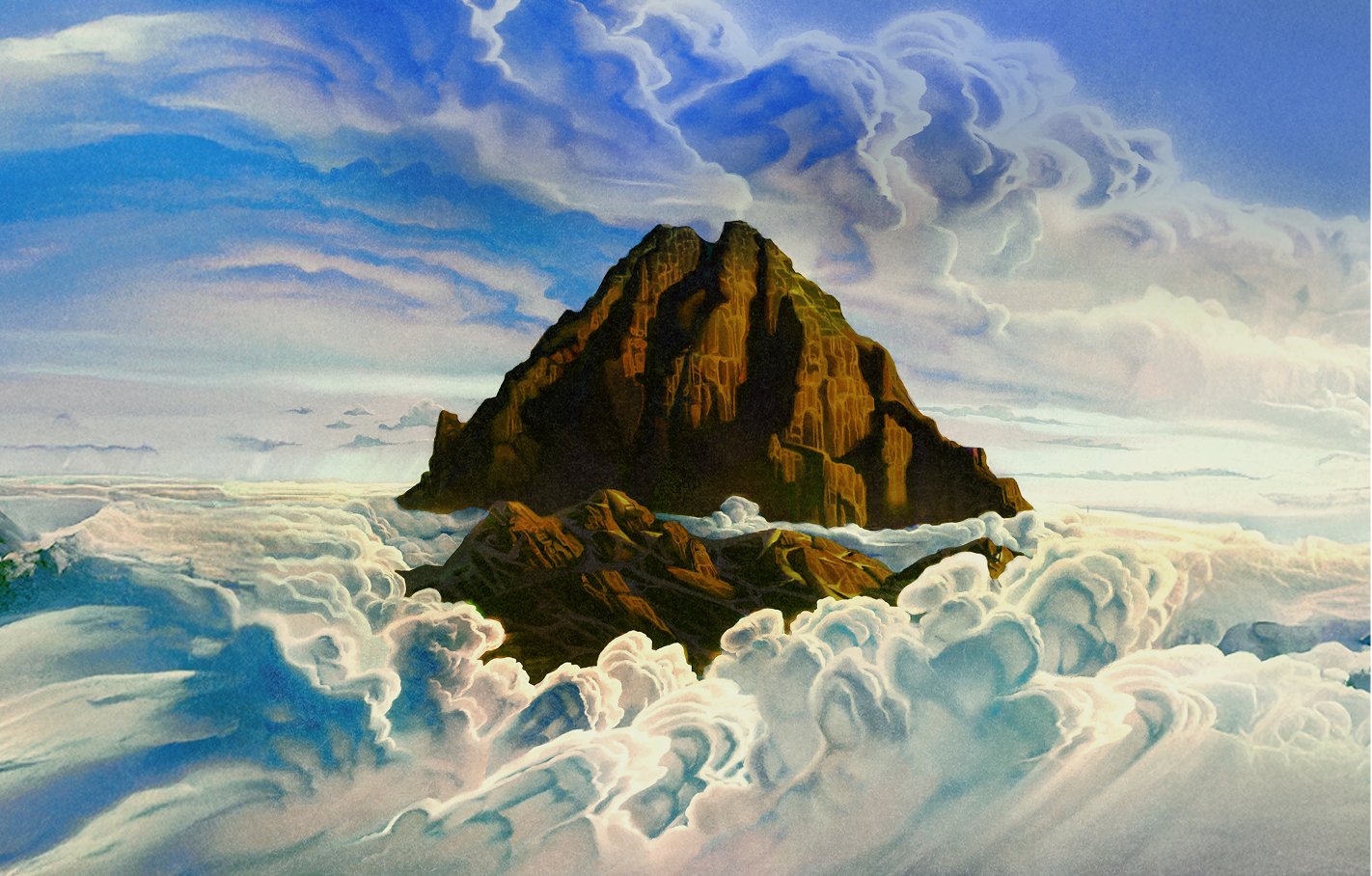 An illustration of a mountain top in the clouds