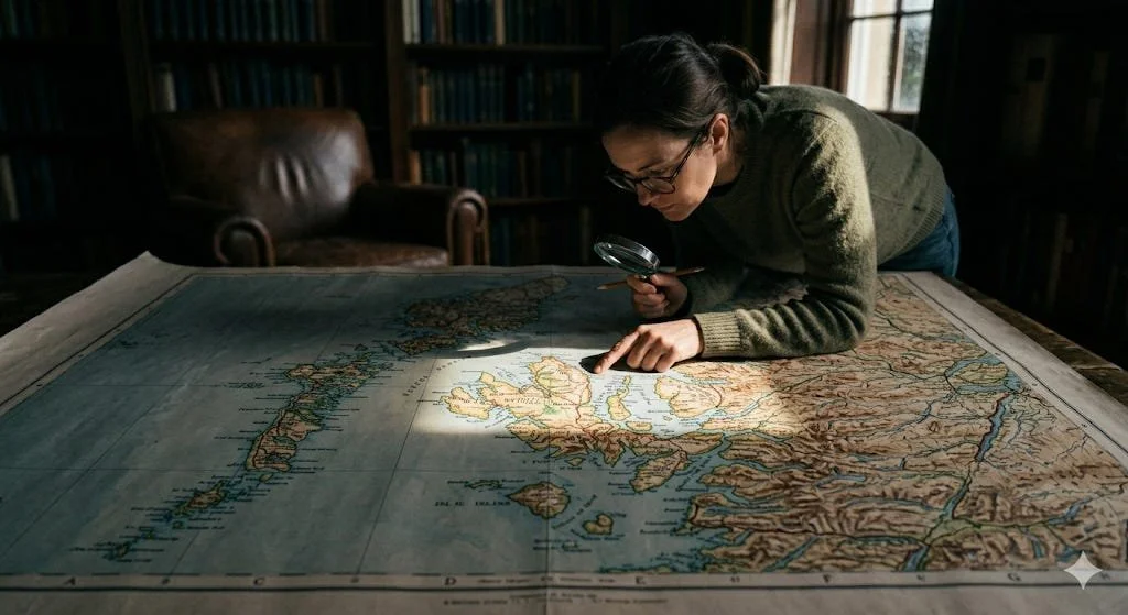 A person examining a map with a magnifying glass