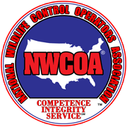 Logo of the Midwest Wildlife Control Operators Association (NWCOA) featuring a moose silhouette, red and blue colors, and the words 'Competence, Integrity, Service'.