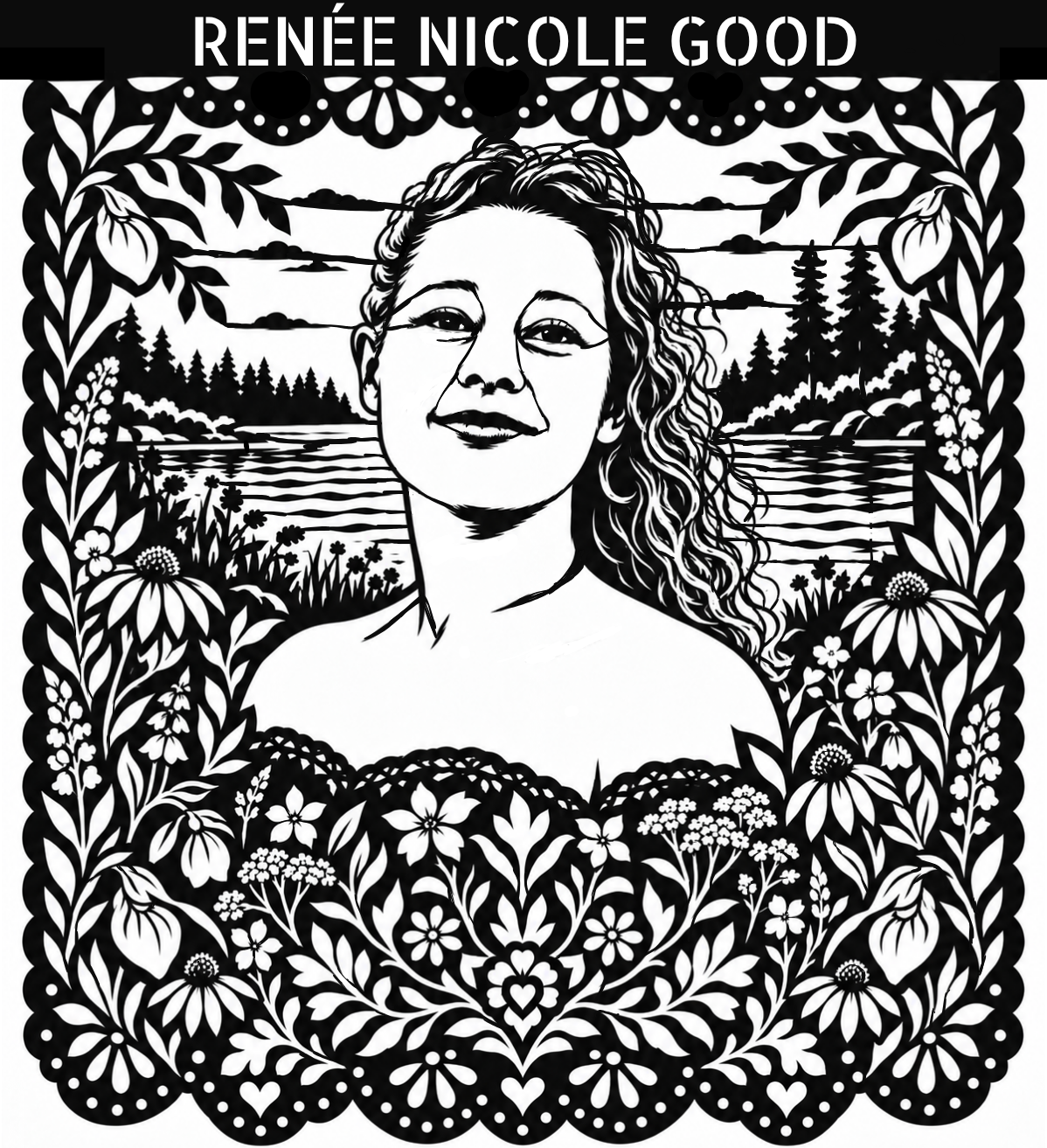 Renee Nicole Good's portrait is in a paper cut silhouette. She is seen in front of natural Minnesota landscapes of lakes and native flowers.