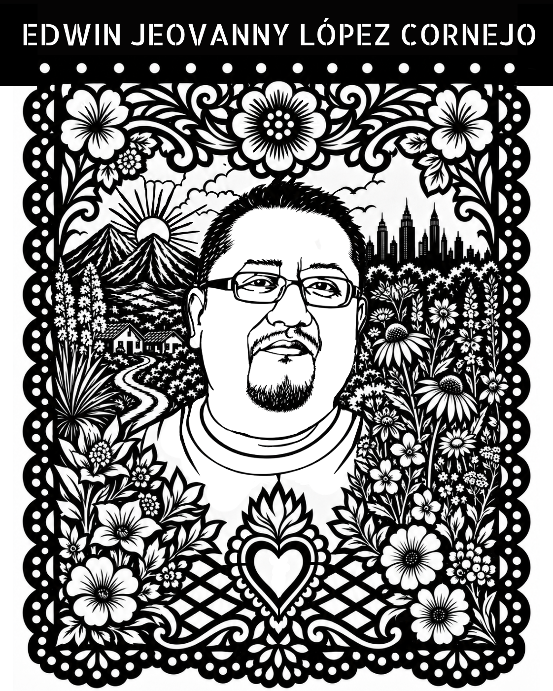 Black and white papel picado cutting template of Edwin Jeovanny López Cornejo from Papel Memoria, with floral details, a mountain landscape, and city skyline.
