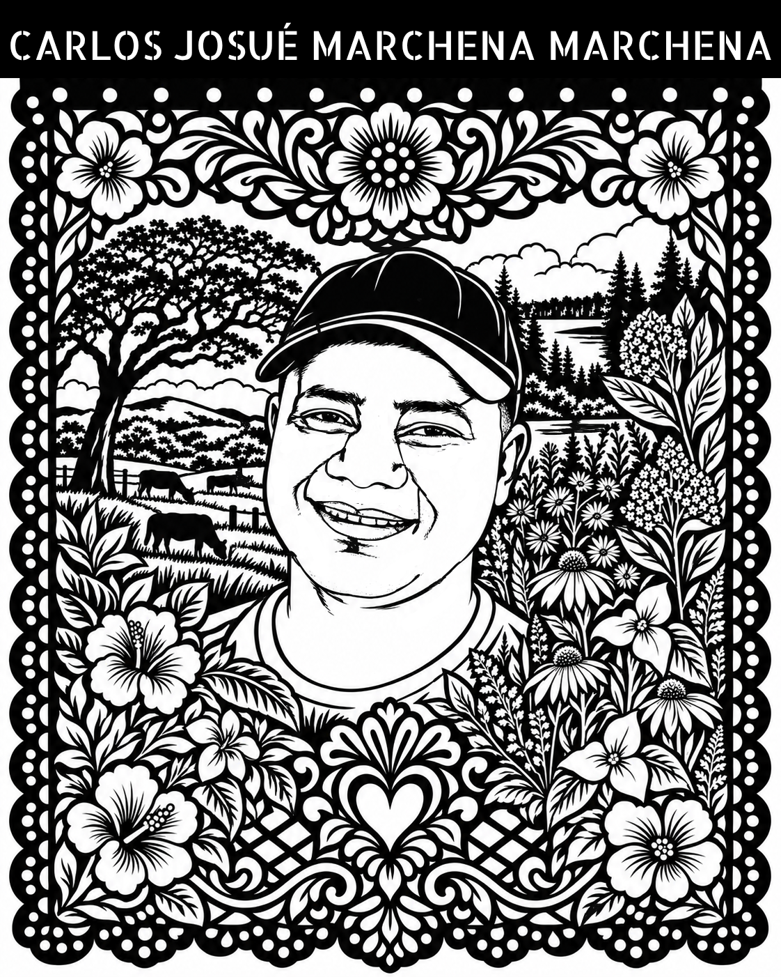 Black and White downloadable jpg of Carlos Josue Marchena papel picado portrait.