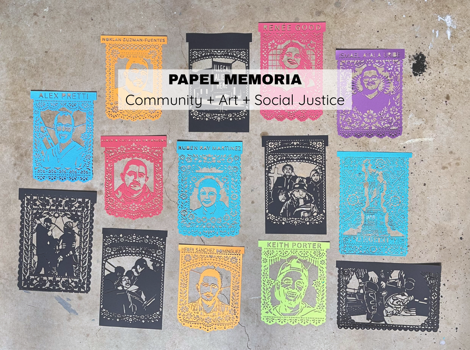 Colorful papel picado portraits from Papel Memoria by Alessandra Gutierrez, displayed together as a memorial installation.