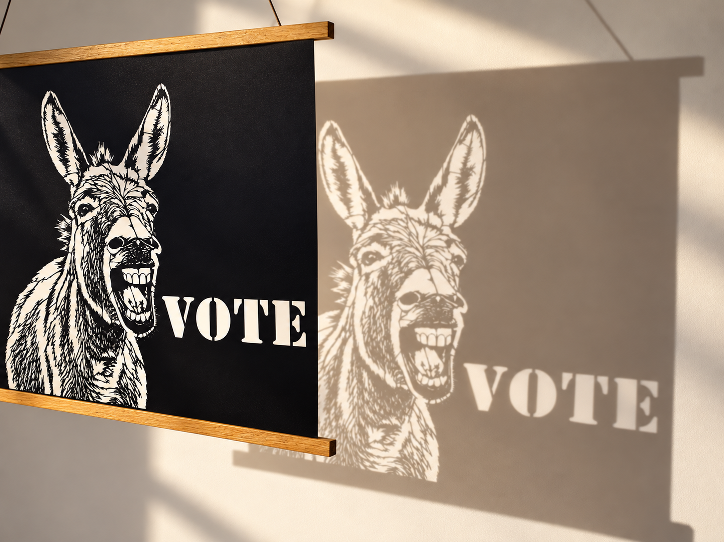 Original political VOTE cut paper artwork casting detailed shadows through the donkey silhouette onto the wall behind it.