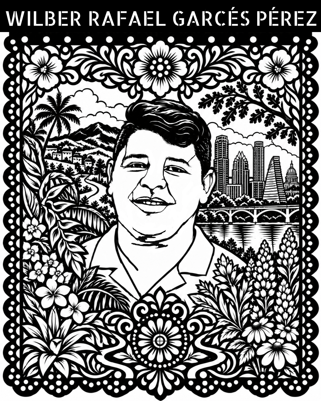 Black and white Papel Picado portrait of Wilber Rafael Garces Perez that anyone can download for free.