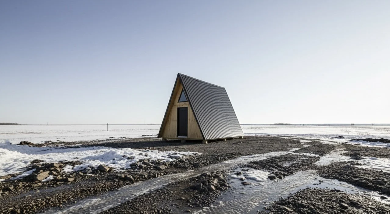 Small modern A-frame cabin with black roof in snowy landscape under a clear sky.