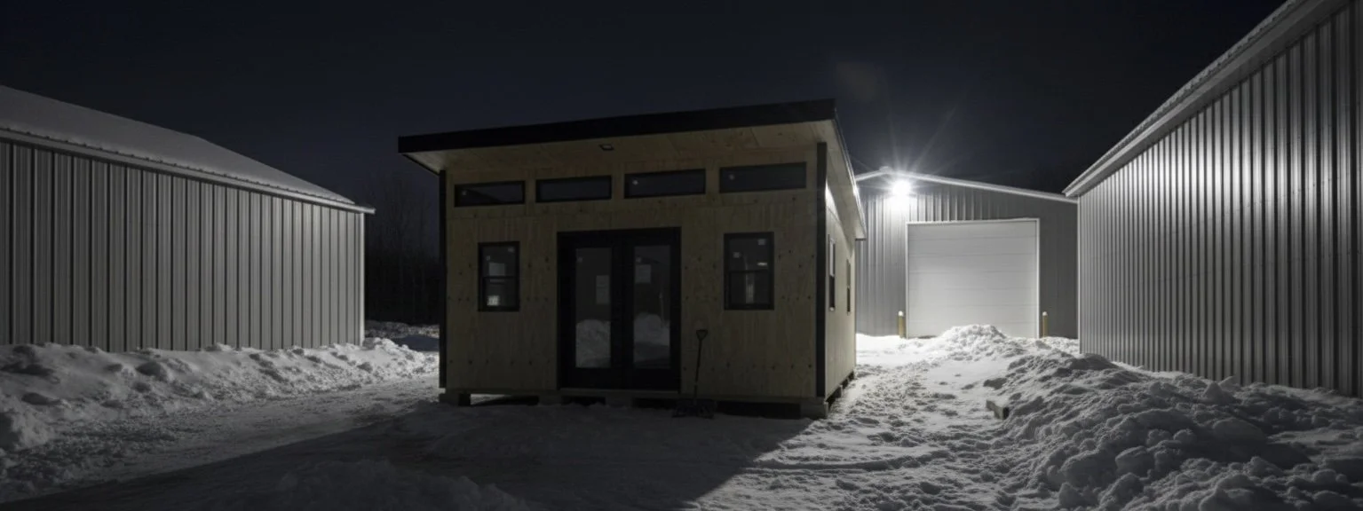 Small wooden house between two large metal buildings, snowy ground, night scene, with bright light shining from behind the metal building on the right.