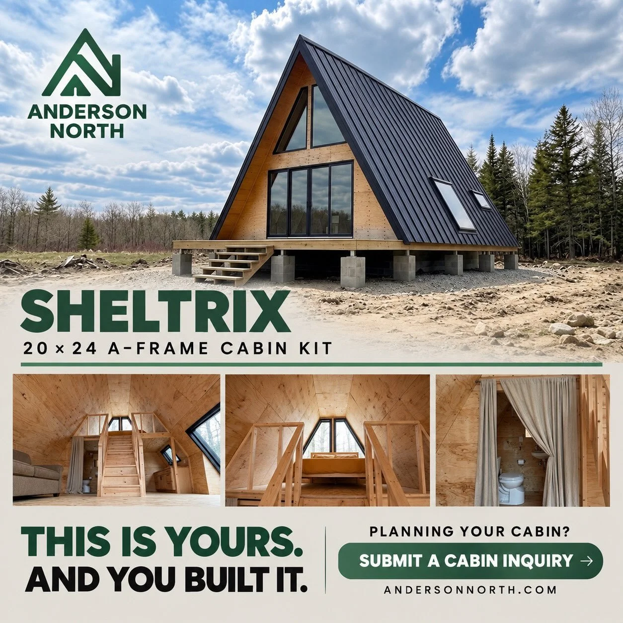 SHELTRIX is our most-requested cabin kit, and once you see the inside, it&rsquo;s easy to understand why.

Real plywood-lined walls, a central staircase up to the loft, a full A-frame window, and a working bathroom, all precut and ready for you to bu