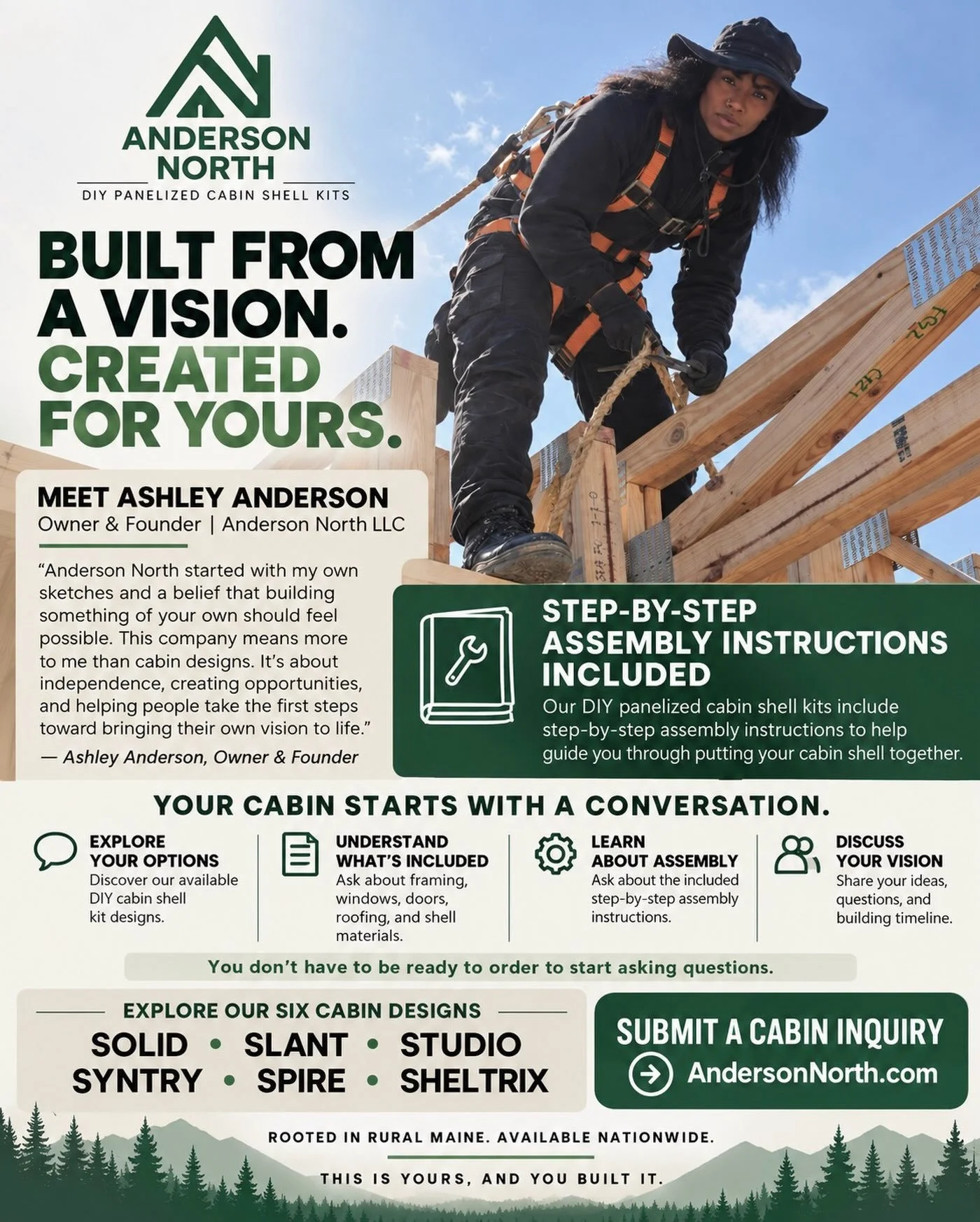 Meet Ashley Anderson, Owner &amp; Founder of Anderson North LLC.

Anderson North started with Ashley&rsquo;s own sketches and a simple belief: building something of your own should feel possible.

Every Anderson North DIY cabin shell kit comes with s