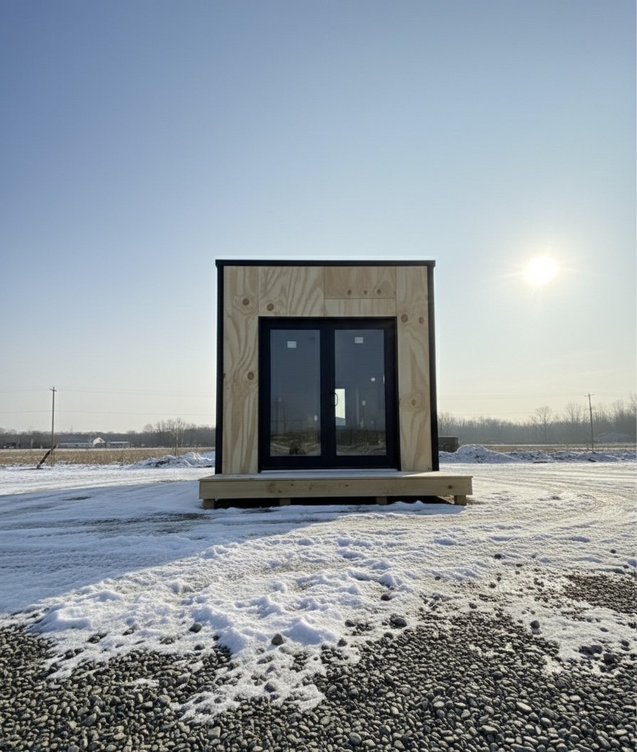 A small, modern wooden house structure with black framed sliding glass doors is set on a gravel surface in a snowy, rural landscape. The sky is clear with the sun shining.