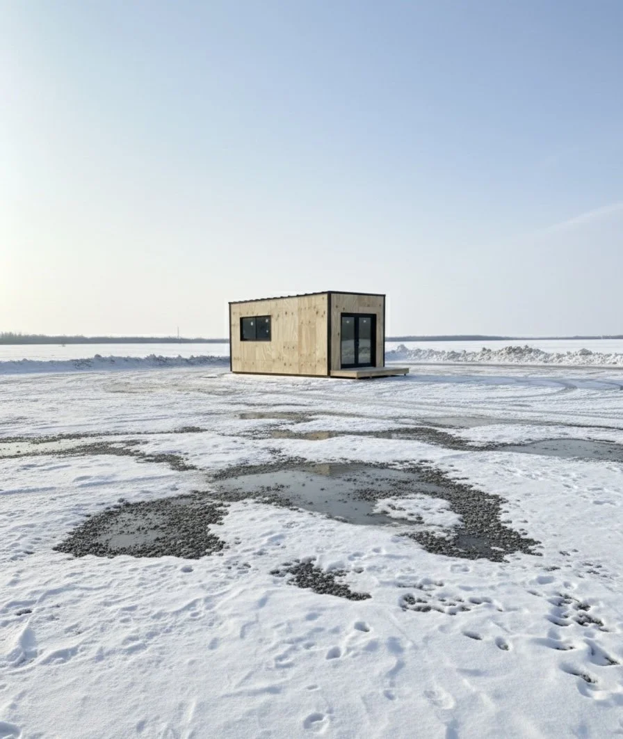 A small wooden house on snow-covered ground, with patches of ice and footprints, under a clear blue sky.