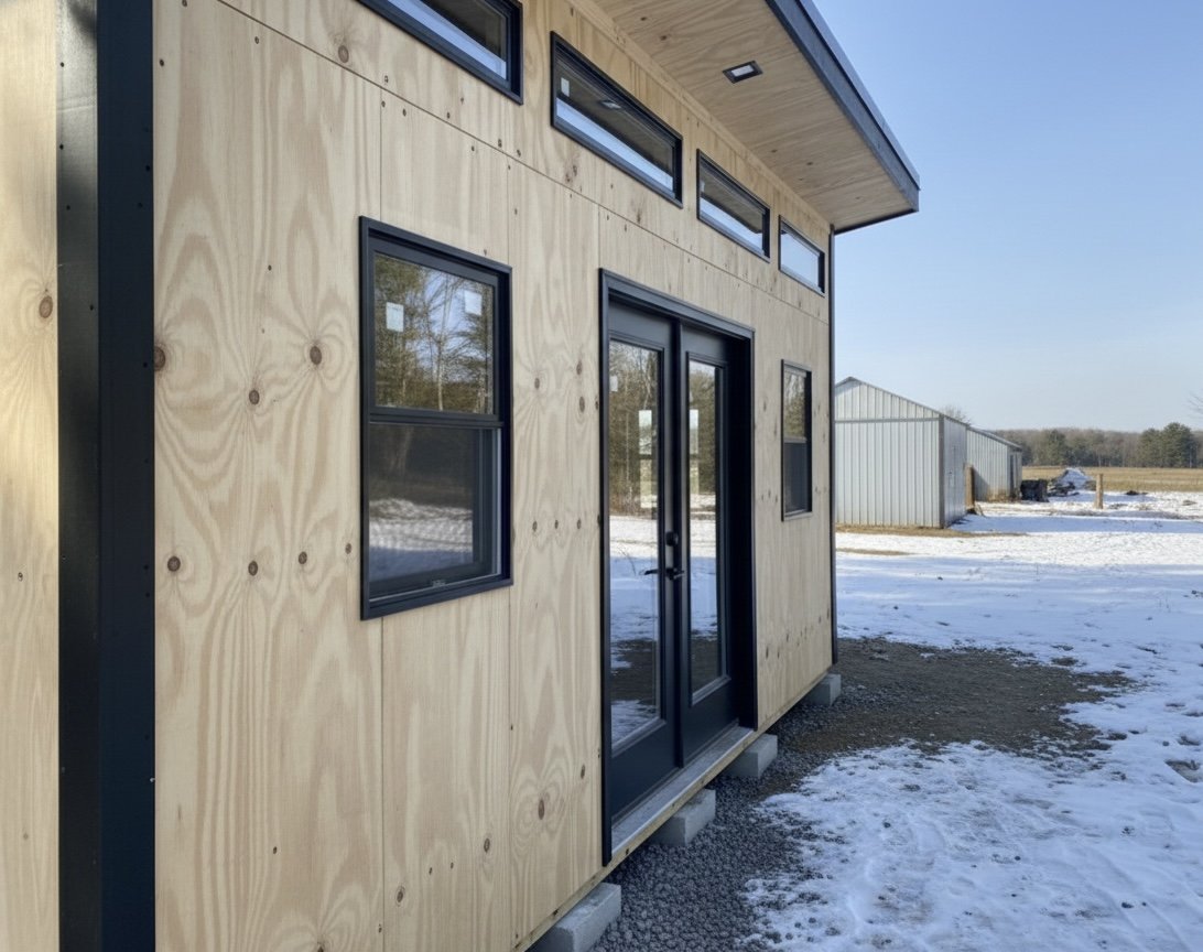 Exterior view of a small building with unfinished wood siding, black-framed windows, and a glass door, on a snowy ground with a contrasted metal shed and open field in the background.