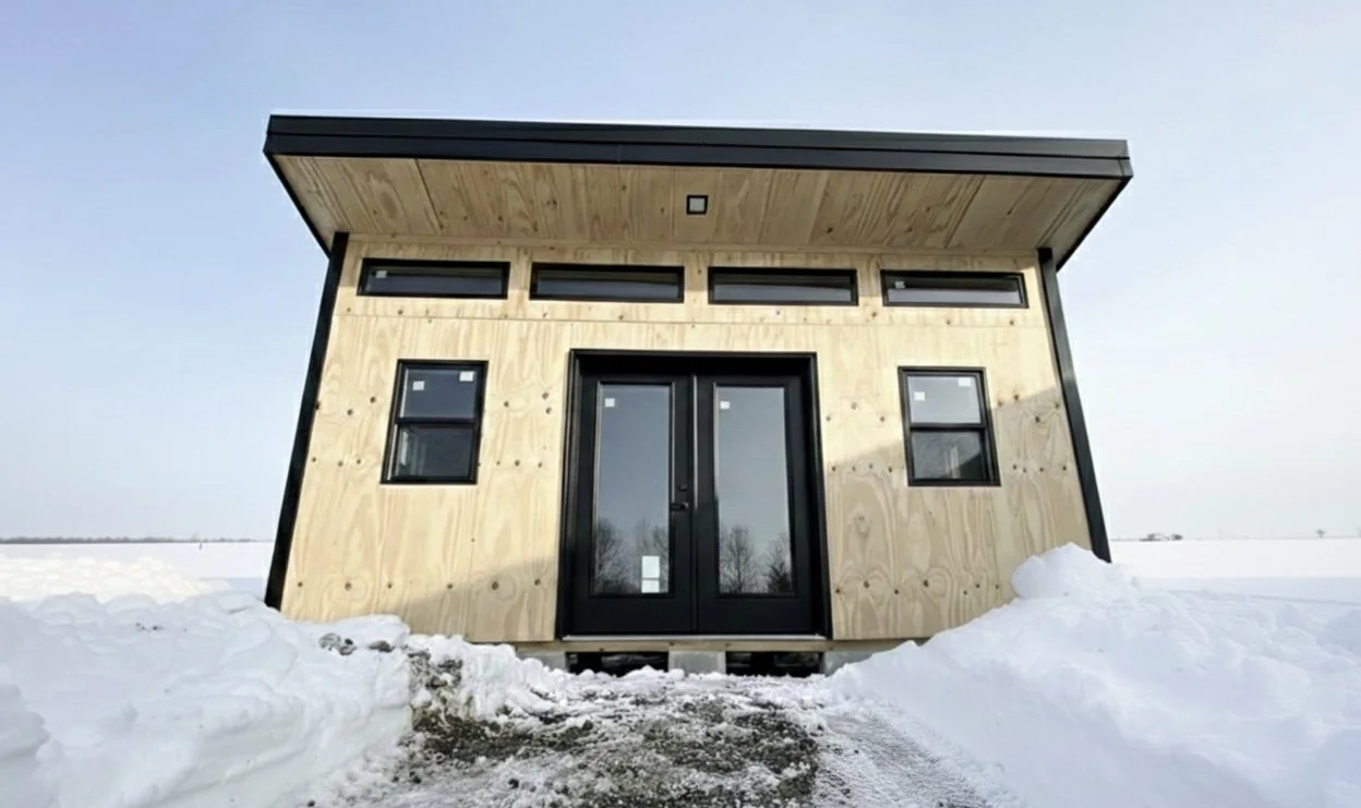 A modern house with a sloped roof and wooden exterior, surrounded by snow during winter.