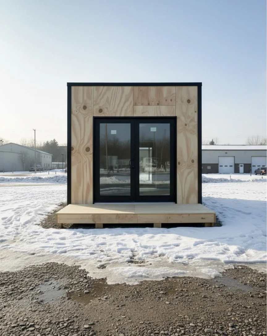 Small modern building with a black metal frame, wooden exterior panels, a glass double door, and a wooden deck in a snowy landscape.