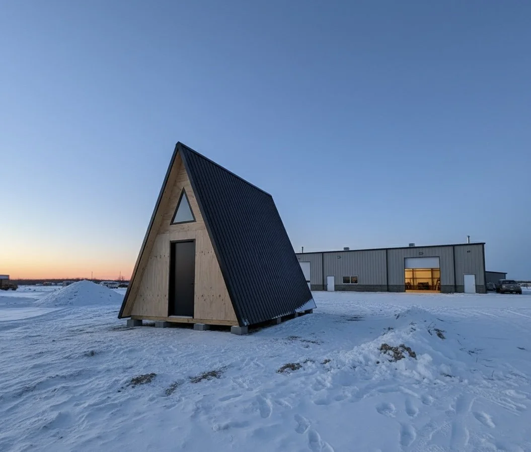 Small wooden A-frame cabin with a black metal roof on snow-covered ground, with a large industrial building in the background, at sunset in a cold, open area.
