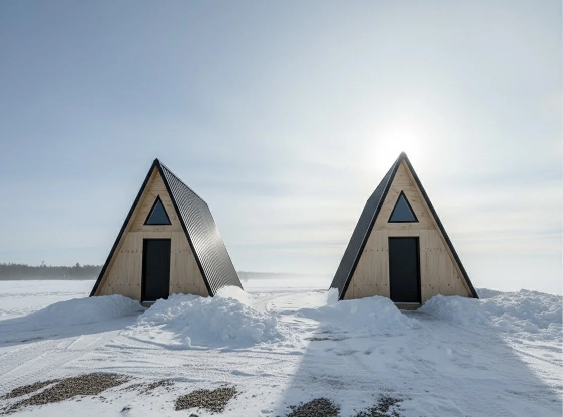 Two small A-frame cabins in a snow-covered landscape with a partly cloudy sky and the sun behind the right cabin.