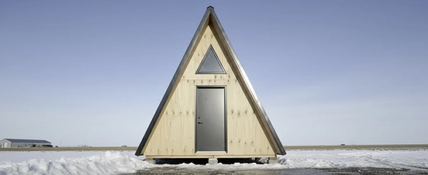 A small wooden A-frame cabin on snow-covered ground under a clear blue sky