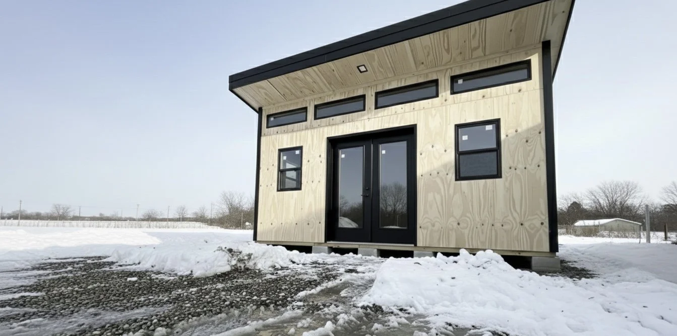 Modern tiny house with wooden exterior, black-framed windows, and a garage door, set in a snowy landscape.