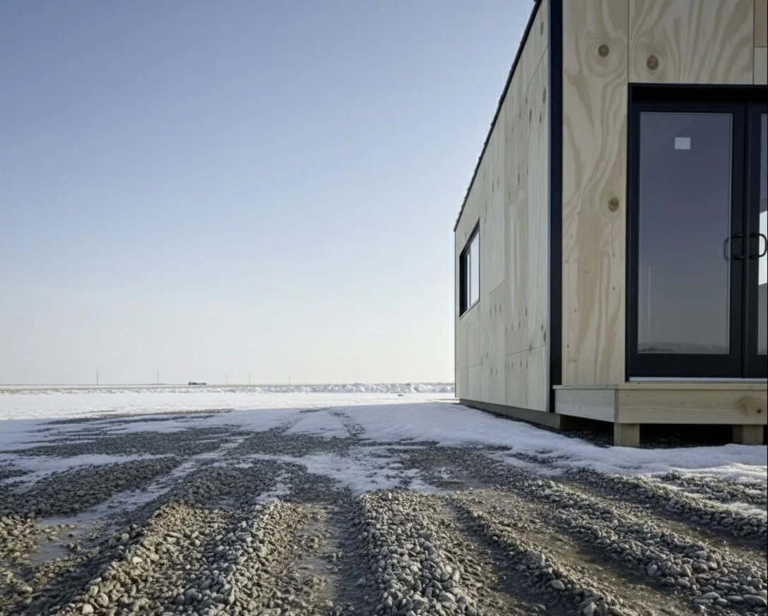A modern, unfinished wooden house with large glass sliding doors on a snowy landscape.