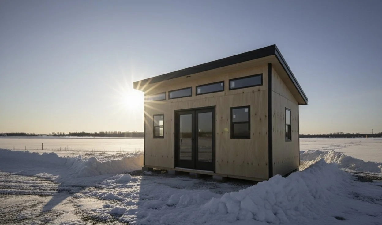 Small wooden house in snowy landscape during sunset or sunrise.