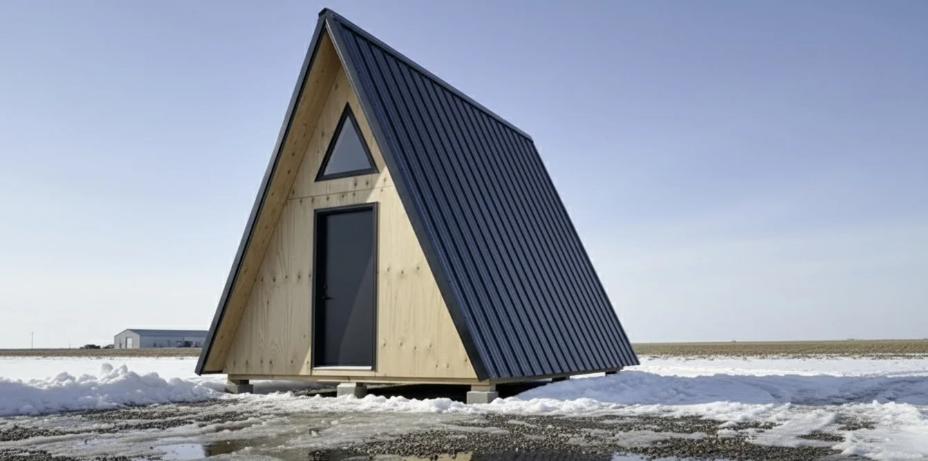 Small A-frame wooden cabin with a dark metal roof, situated on a snowy landscape under a clear sky.