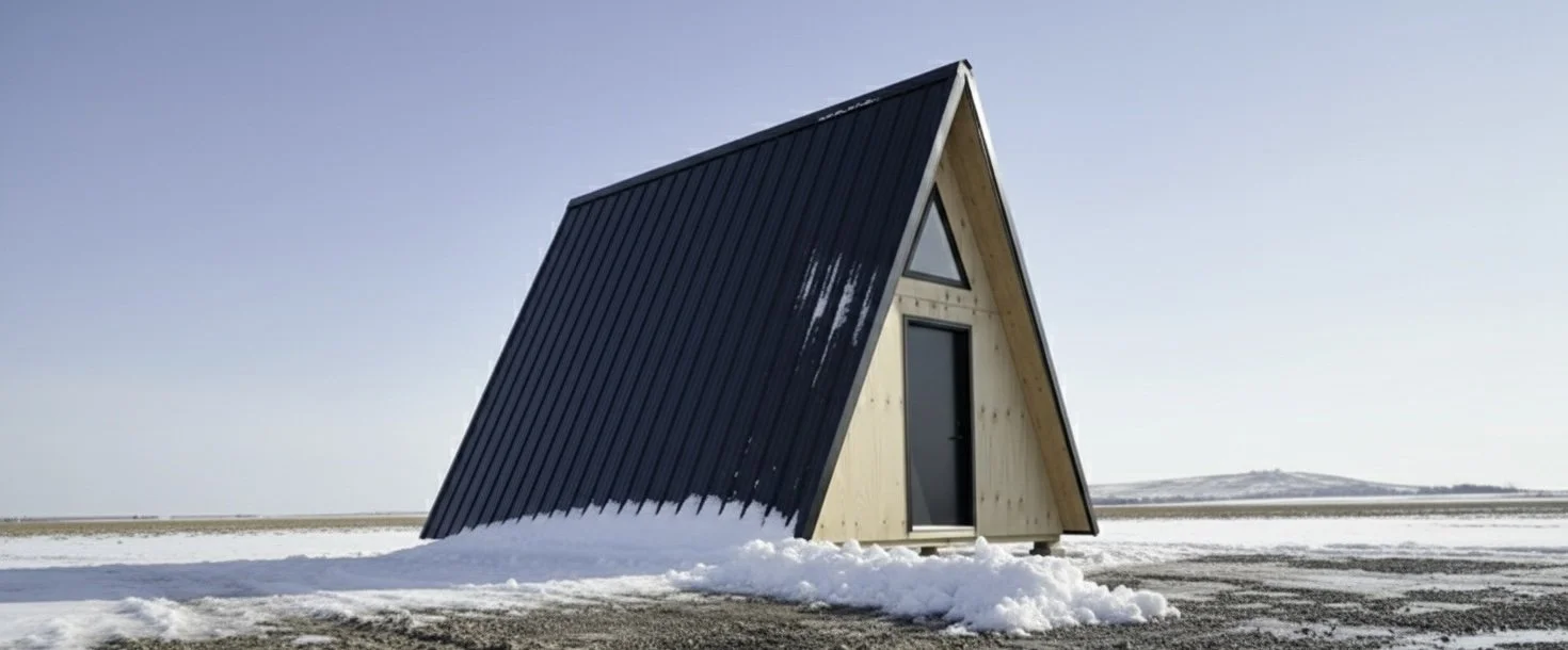 Small A-frame house with black roof and wooden walls in a snowy landscape, under a clear sky.