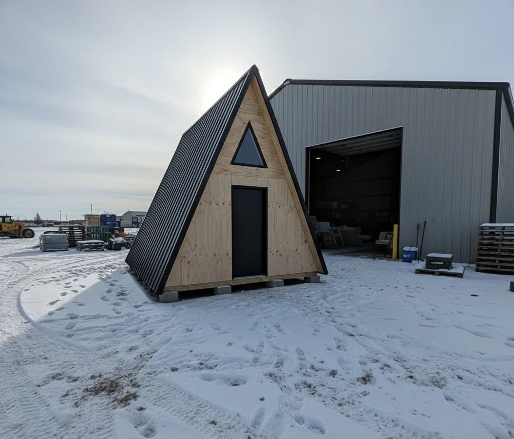 Small, A-frame wooden cabin with black metal roofing in a snowy outdoor setting, next to a larger industrial building.