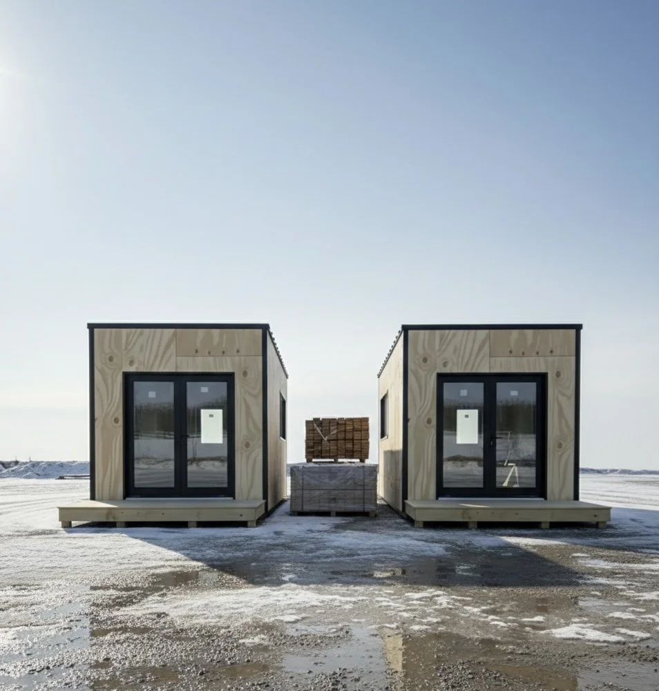 Two small prefabricated wooden cabins with large glass doors, positioned side by side on a snow-covered ground with a clear sky in the background. A pallet with construction materials is placed between them.