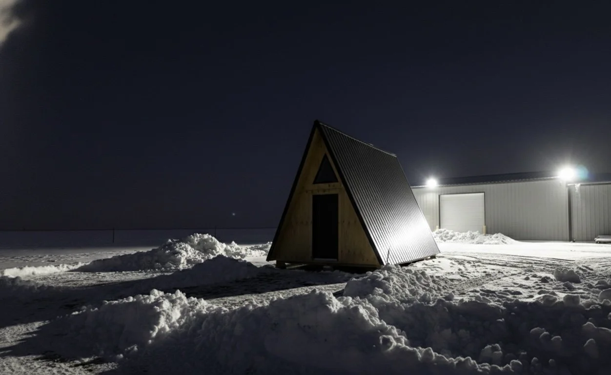 A small A-frame wooden cabin with a metal roof is situated in a snowy landscape at night, illuminated by bright exterior lights from a nearby building.