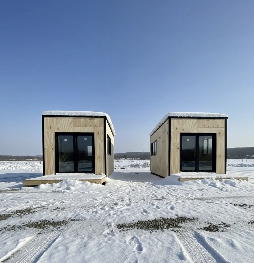 Two small wooden modern tiny houses with black sliding glass doors, situated on snow-covered ground under a clear blue sky.