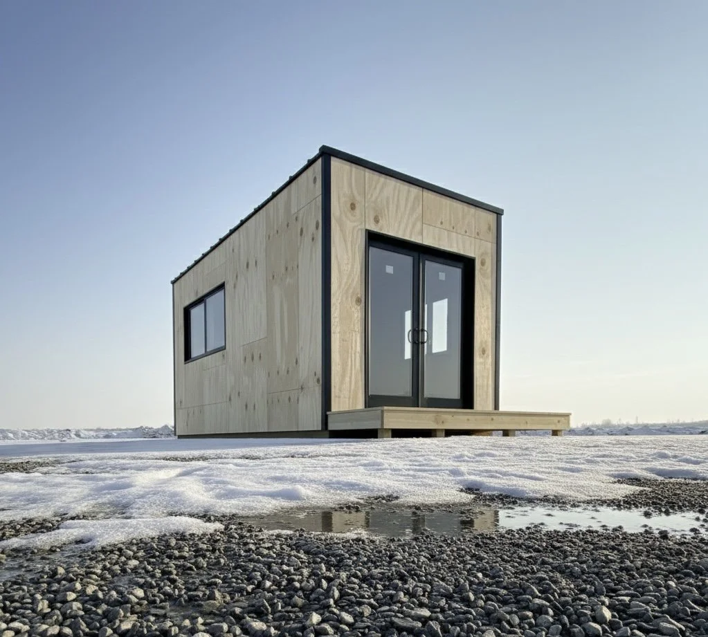 Small, modern house with black trim, situated on snowy ground with a gravel surface in front, under a clear sky.