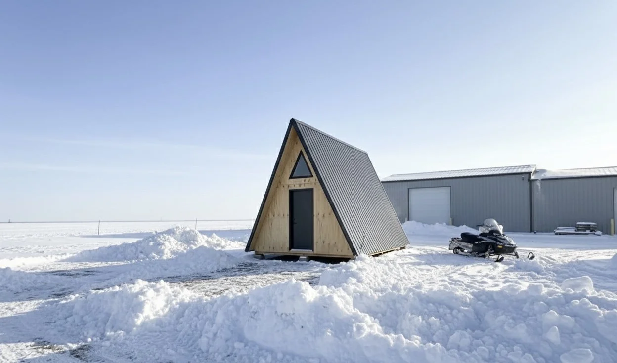 Small A-frame cabin in snowy landscape with snowmobile nearby and a large storage building in the background.