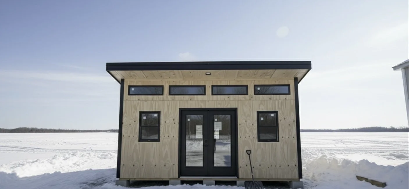 Small modern wooden tiny house with black door and window frames, set on snow-covered ground in winter, with a view of a frozen landscape and a clear sky.