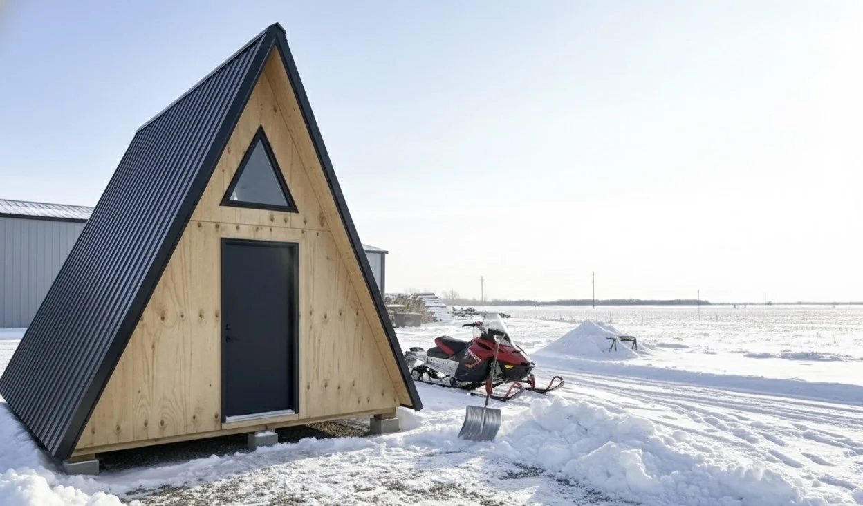 Small wooden A-frame cabin with black metal roof in snowy landscape, with snowmobile parked outside and a snow shovel in the snow.