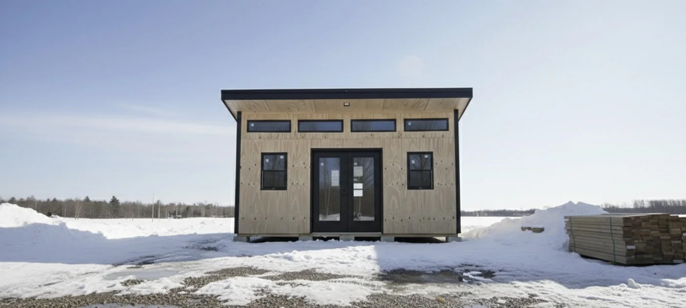 Modern tiny house with a flat roof and large front door, set in snow with a stack of wood nearby.