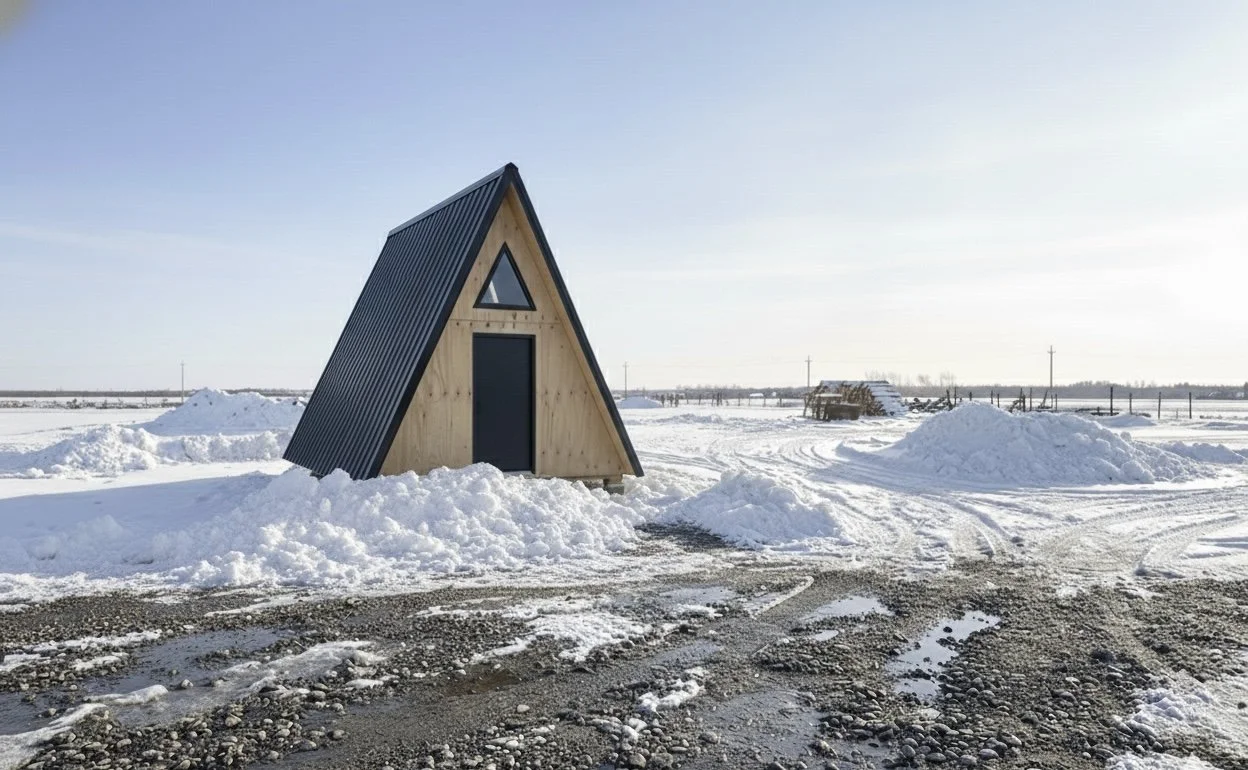 Small A-frame cabin with black roof and beige walls in snowy landscape, with snow piles and tire tracks on ground, and flat land with power lines in background.